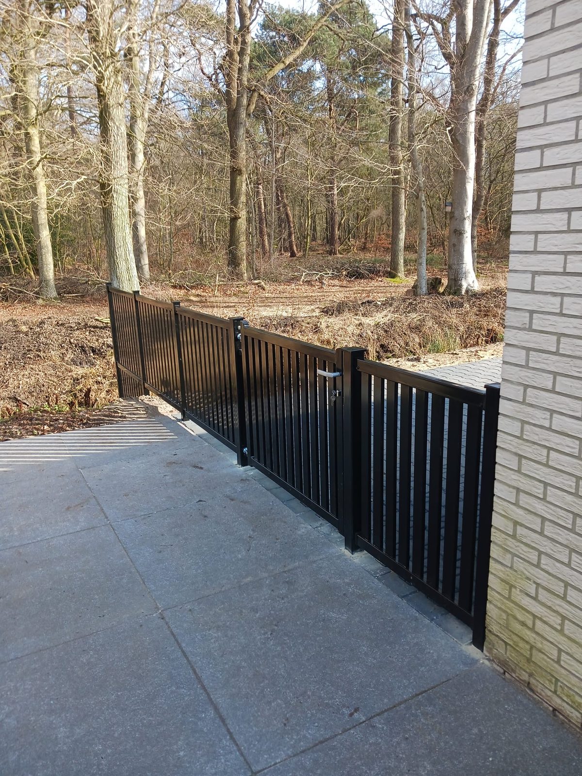 Zwart spijlenhekwerk met poort als erfafscheiding naast een woning